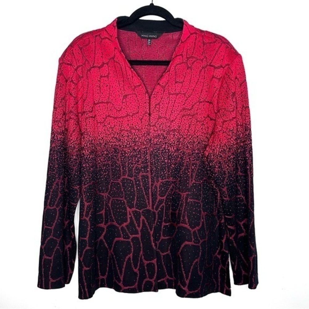 Ming Wang Red to Black Ombre Textured Cardigan